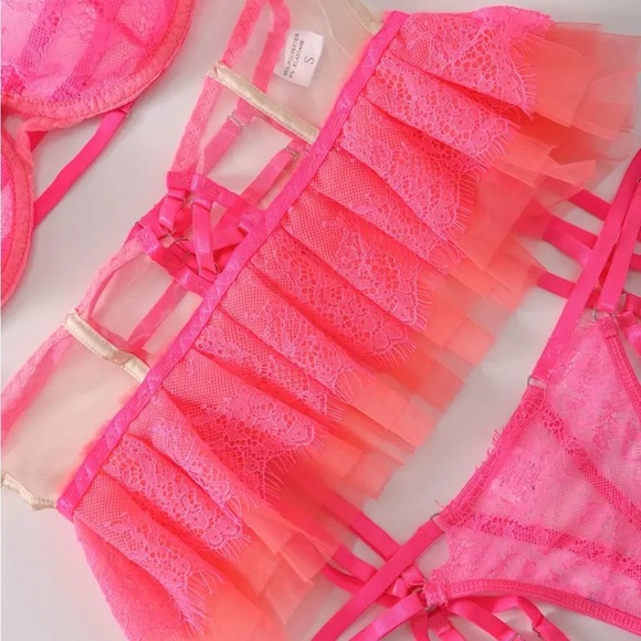 Neon Sherbet Floral Lace Strappy 3 Piece Lingerie Set - Picture 3 of 4